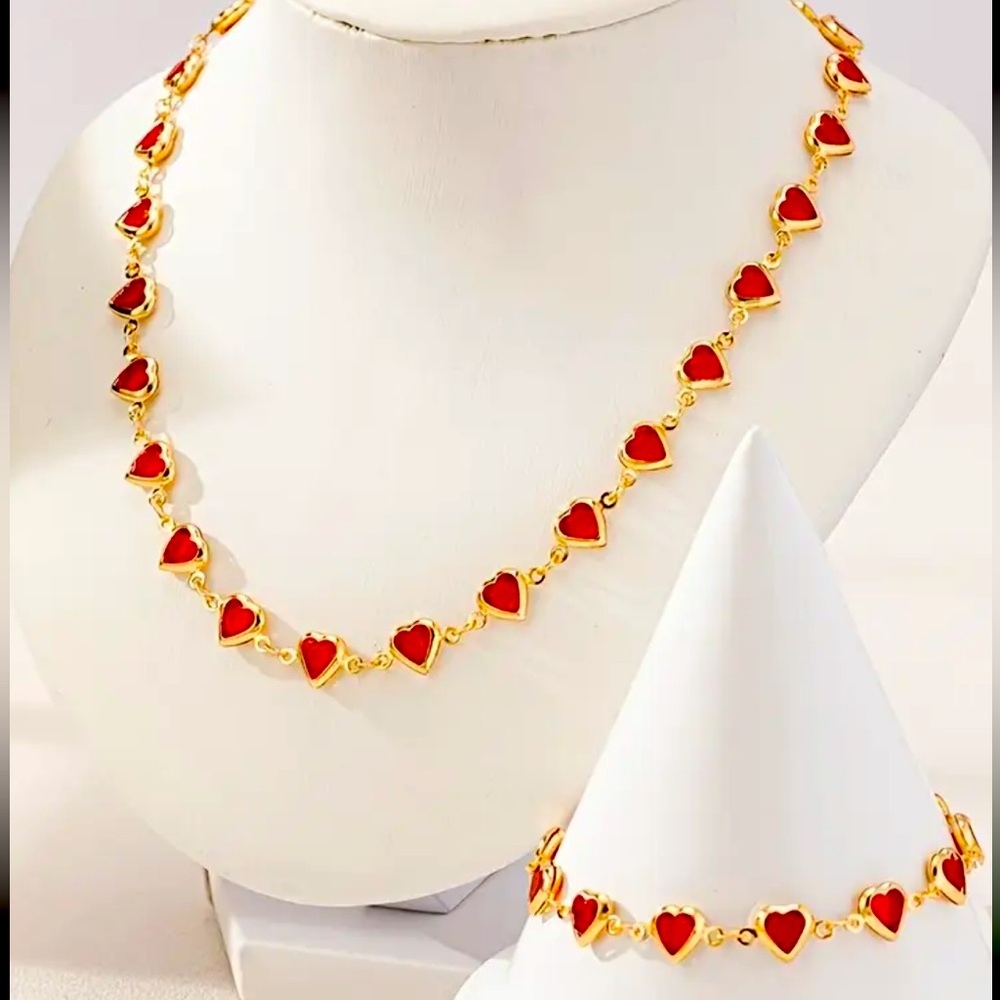 Gold-Tone Red Heart Link Necklace and Bracelet Set